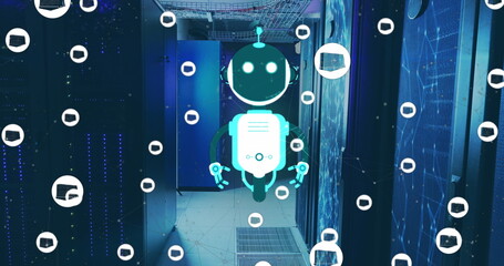 Image of ai chat bot and icons over computer server background