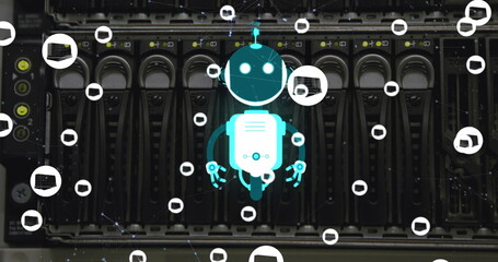 Image of ai chat bot and icons over computer server background
