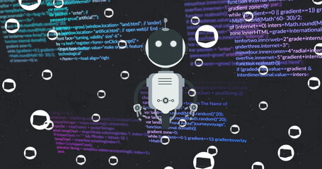 Image of ai chat bot and icons over data processing background