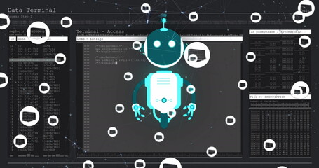Image of ai chat bot and icons over data processing