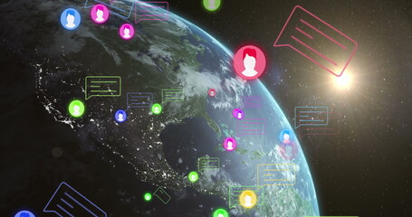 Image of digital social media icons processing over globe