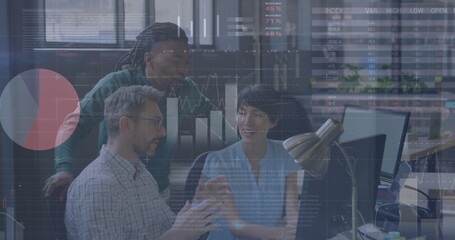 Image of financial data processing over diverse business people