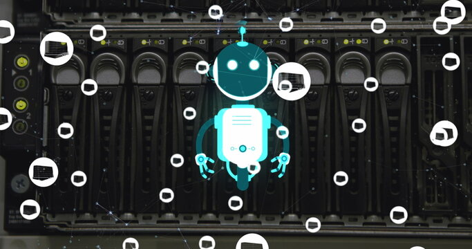 Image of ai chat bot and icons over computer server background