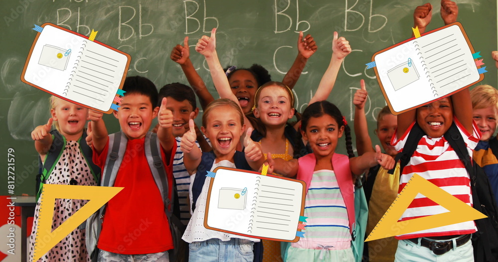 Poster Image of school items icons over happy school children with thumbs up