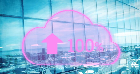 Image of digital cloud with percent going up over cityscape