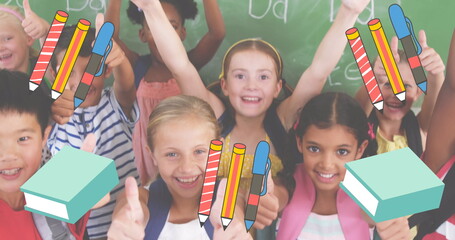 Image of school items icons over happy school children with thumbs up