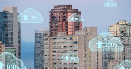 Image of digital clouds with percent going up over cityscape