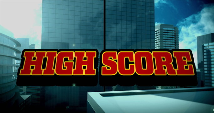 Image of red text high score, over explosion and cityscape - Powered by Adobe