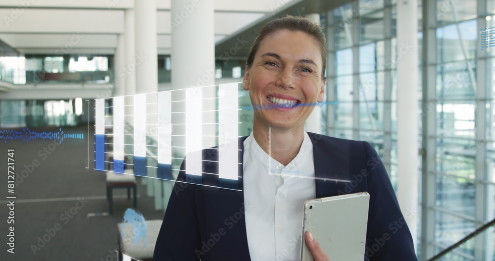 Sticker Image of financial data processing over caucasian businesswoman with tablet