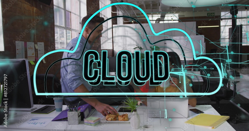 Wall mural Image of cloud text in cloud over caucasian coworkers having snacks and coffee in office