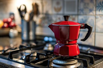 Close up of a red and silver moka pot on a gas stove against a kitchen background. - obrazy, fototapety, plakaty