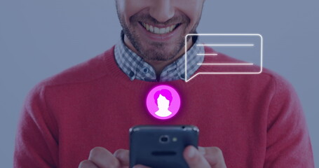 Image of neon profile and message icon against mid section of caucasian man using a smartphone - Powered by Adobe