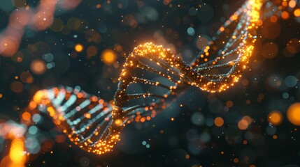 A glowing DNA strand is shown in a blurry, abstract style - obrazy, fototapety, plakaty