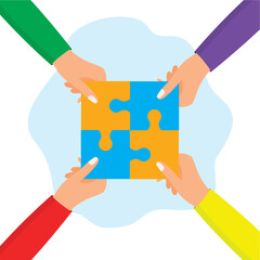 four hands each holding multicolored puzzle pieces and putting them together.illustration of the concept of teamwork, teamwork, unity.flat style vector illustration