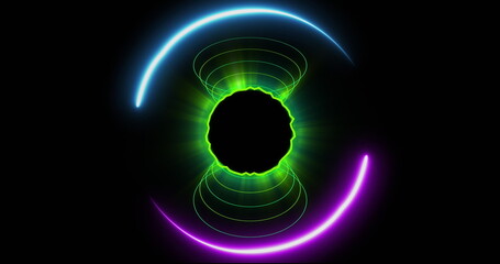 Image of neon lines over green glowing globe with connections over black background