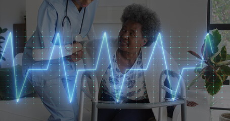 Image of heart rate monitor over diverse female healthworker helping senior woman to walk