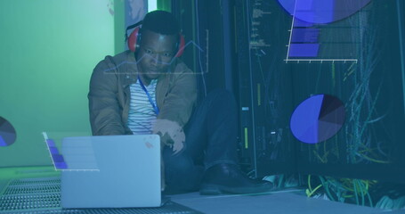 Image of data processing over african american it man by computer servers