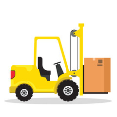 forklift truck is lifting large boxes. Logistics delivery, warehouse and storage equipment flat style vector illustration