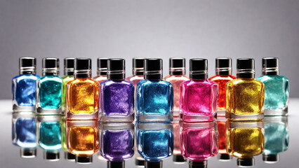 Colorful nail polish bottles on grey background. Selective focus.