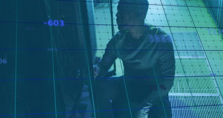 Image of data processing over african american it man by computer servers