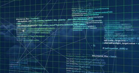 Image of connected dots and computer language with grid pattern over abstract background