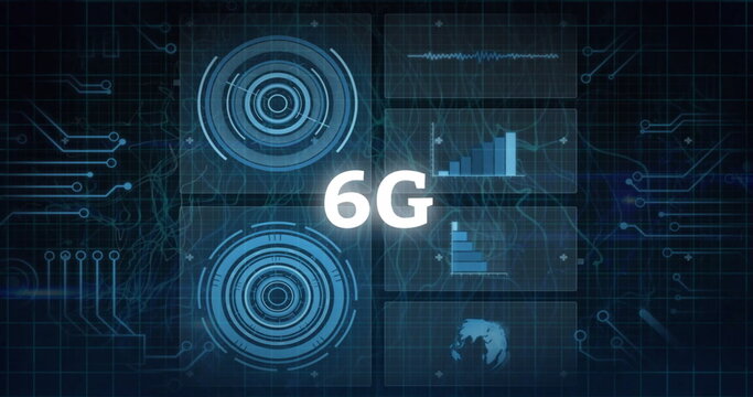 Image of 6g text, graphs, loading circles and circuit board pattern over black background