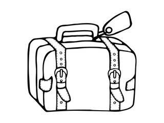 Retro suitcase of a traveler. Vector vintage travel bag for summer vacation travel. Hand drawn vector doodle in line style.