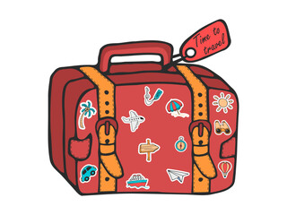 Time to travel. Retro suitcase of traveler with travel stickers. Vector vintage travel bag. Icon set of elements for summer vacation travel. Hand drawn doodles in flat style on transparent background
