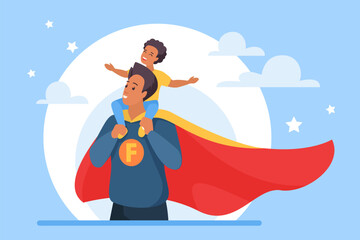 Happy family, dad superhero holding son on shoulders. Super father in hero costume and red cloak playing with boy in imagination adventure game, best daddy and child cartoon vector illustration