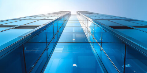 Obraz premium Low angle shot of blue glass building on blue sky background