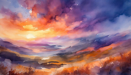 Orange purple watercolor landscape with sunset over river