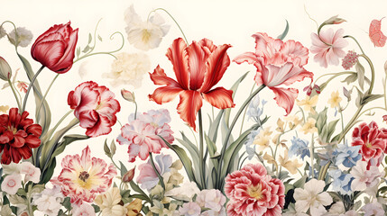 carnations and snowdrop flowers with antique Chintz style wallpaper background poster decorative painting