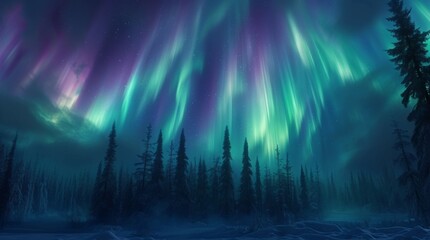 Aurora borealis over the frosty forest. Night nature landscape with polar lights. Night winter landscape with aurora. Winter holiday concept.