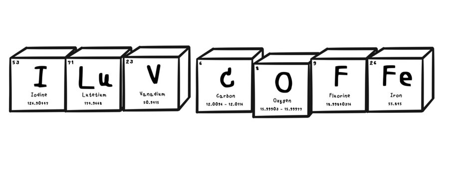 I luv coffee wording in periodics table style illustration with transparecy background