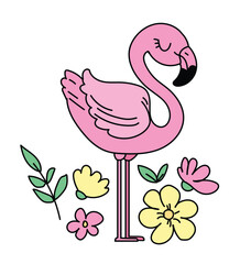 Hand Drawn Cute Flamingo and flowers Vector Illustration. Summer Print Design.