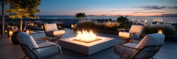 outdoor seating area with several chairs arranged around a fire pit on residential house terrace - Powered by Adobe