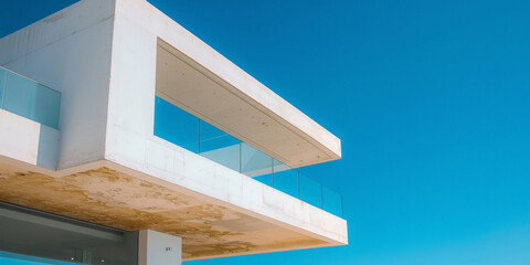 Fototapeta premium white balconies on an apartment building against a clear blue sky, 