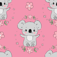 Koala and flowers pattern seamless. Print design for textile. Cute childish background.