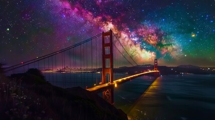 Golden Gate Bridge illuminated against the velvety night sky, a breathtaking fusion of engineering...