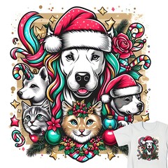 A dog wearing santa hat and cat wearing a hat with ornaments image realistic has illustrative meaning used for printing illustrator.