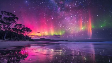 Dazzling aurora borealis dancing gracefully over the scenic landscape of Ding, painting the night sky with mesmerizing hues of green and purple.