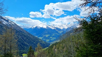 Jaufenpass - South Tyrol - View of the Passeier Valley with fantastic snow-covered mountain peaks on the horizon