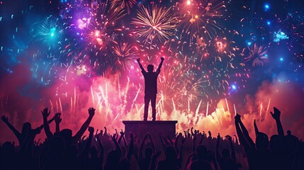 Victory Celebration: Champion's Podium Under Fireworks with Cheering Crowd