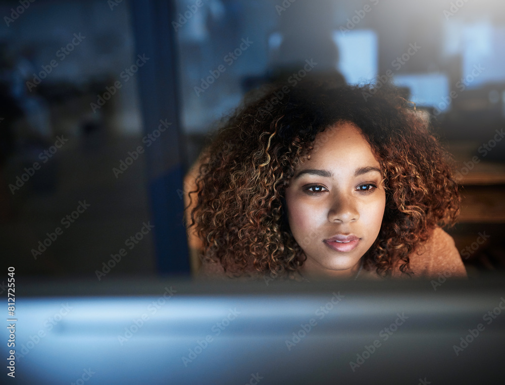 Poster Computer, face and night with woman developer in office for website engineering deadline. Coding, development and software with confident coder in workplace for cyberspace or technology system