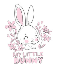 Hand Drawn Cute Bunny and flowers vector, design rabbit, kids print