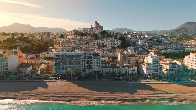 Aerial view of Altea town and Nostra Senyora del Consol church at sunset, Spain