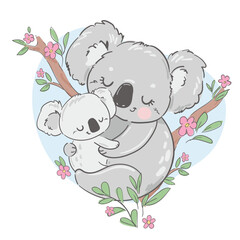Hand drawn Cute little Koala with flowers and green leaves isolated on white background, kids design print for nursery vector illustration.