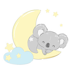 Cute Koala sleeps on the Moon. Print for home clothes, pajamas, a nightdress, textiles. Childish design.