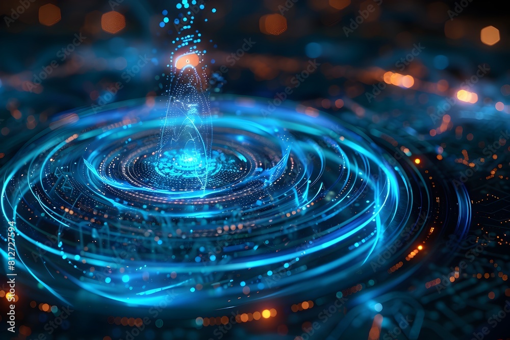 Wall mural a blue and orange swirl of light is floating in the air. the blue and orange colors create a sense o
