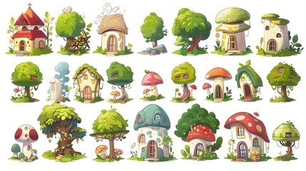 Obraz premium Colorful Whimsical Enchanted Forest Fairy Tale Landscape with Mushroom Houses and Trees